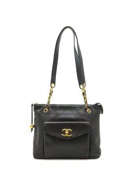 Chanel CC Logo Chain Tote Shoulder Bag Caviar Leather Black Gold